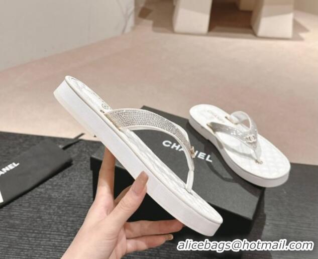 Grade Chanel Strass Flat Thong Slides Sandals White 603124