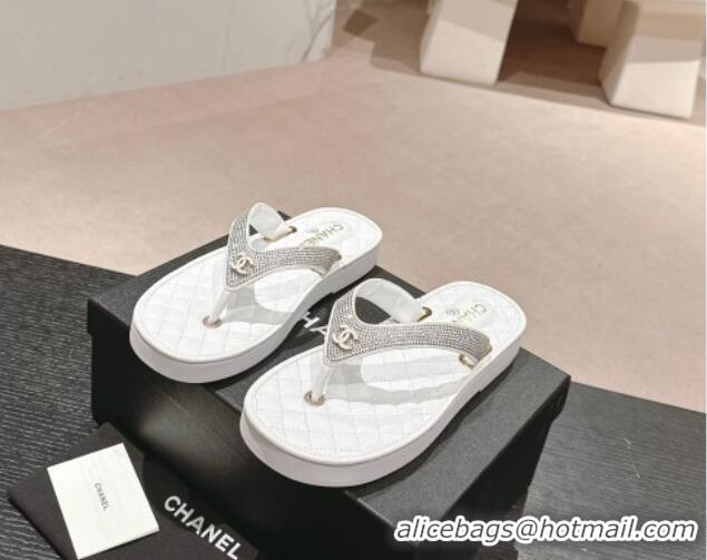 Grade Chanel Strass Flat Thong Slides Sandals White 603124