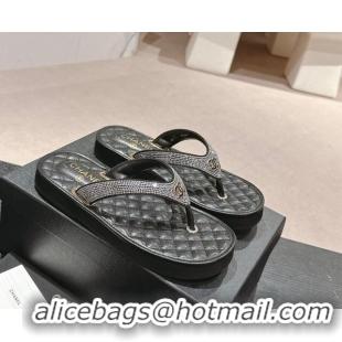 Top Grade Chanel Strass Flat Thong Slides Sandals Black 603125