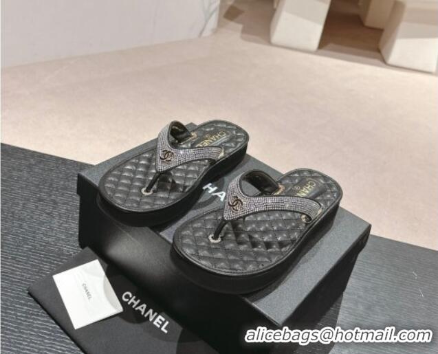 Top Grade Chanel Strass Flat Thong Slides Sandals Black 603125