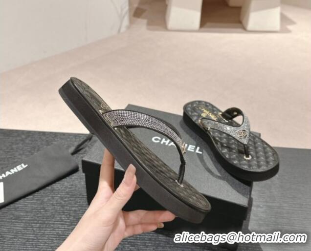 Top Grade Chanel Strass Flat Thong Slides Sandals Black 603125