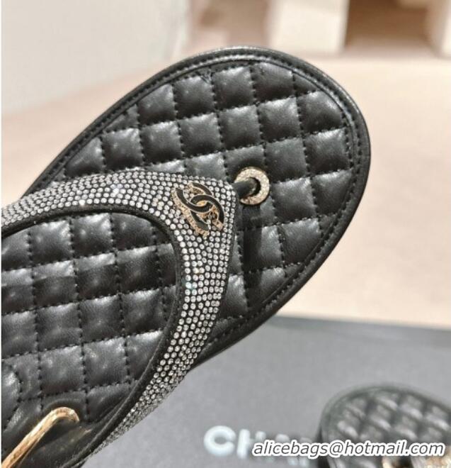 Top Grade Chanel Strass Flat Thong Slides Sandals Black 603125