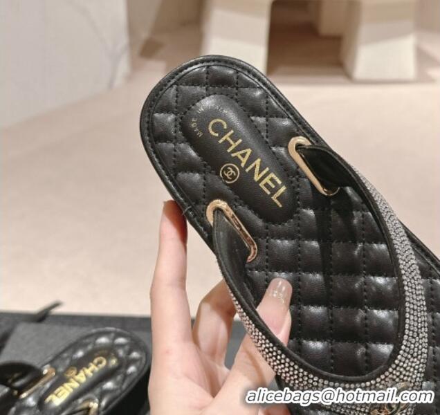 Top Grade Chanel Strass Flat Thong Slides Sandals Black 603125