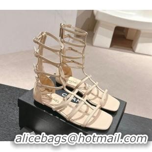 Popular Style Chanel Calfskin Roman Flat Sandals Beige 603126