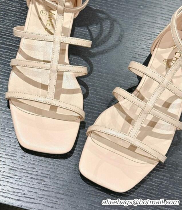 Popular Style Chanel Calfskin Roman Flat Sandals Beige 603126