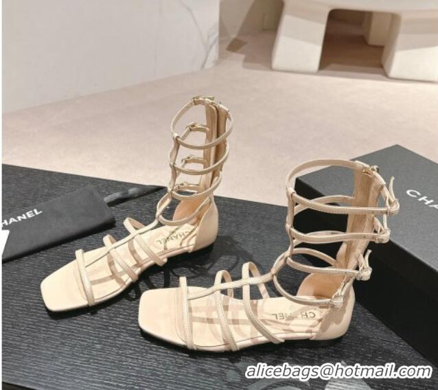 Popular Style Chanel Calfskin Roman Flat Sandals Beige 603126