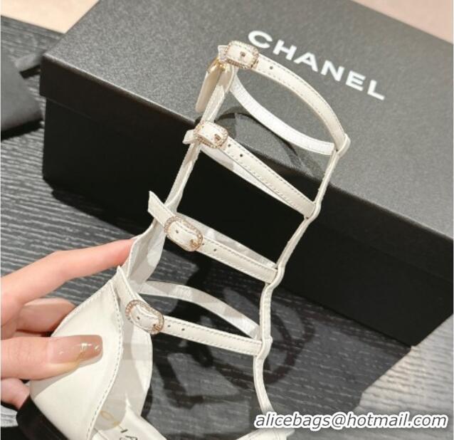 Luxury Discount Chanel Calfskin Roman Flat Sandals White 603127