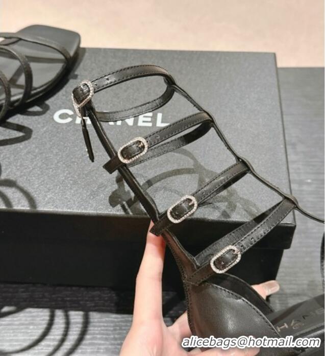 Luxury Chanel Calfskin Roman Flat Sandals Black 603128