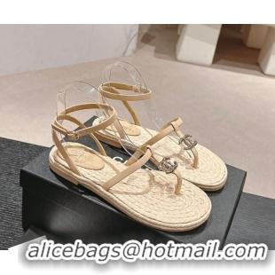 Good Product Chanel Calfskin Espadrille Flat Thong Sandals Beige 603129