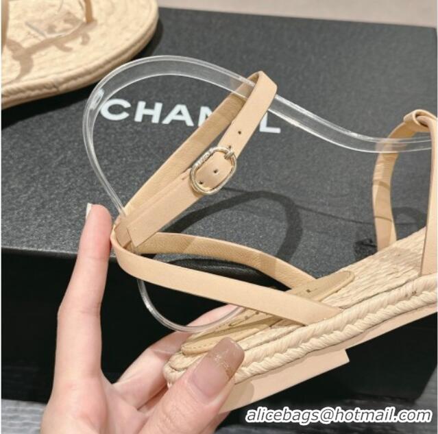 Good Product Chanel Calfskin Espadrille Flat Thong Sandals Beige 603129