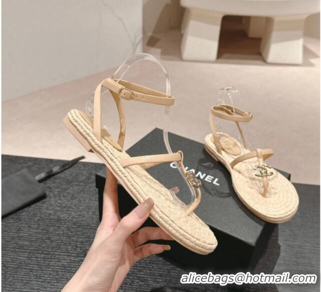 Good Product Chanel Calfskin Espadrille Flat Thong Sandals Beige 603129