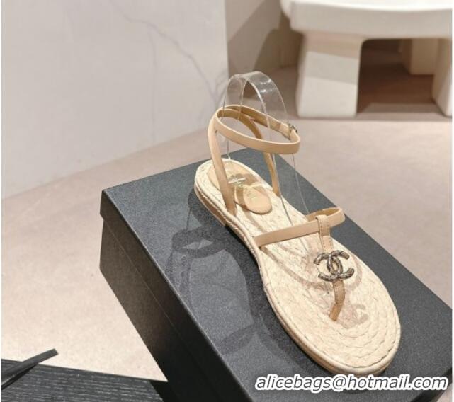 Good Product Chanel Calfskin Espadrille Flat Thong Sandals Beige 603129