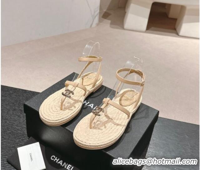 Good Product Chanel Calfskin Espadrille Flat Thong Sandals Beige 603129