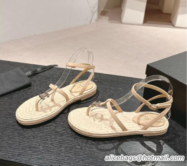 Good Product Chanel Calfskin Espadrille Flat Thong Sandals Beige 603129