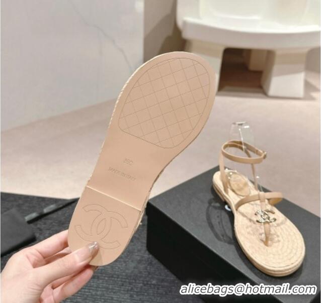 Good Product Chanel Calfskin Espadrille Flat Thong Sandals Beige 603129