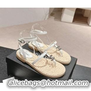 Good Quality Chanel Calfskin Espadrille Flat Thong Sandals White 603130