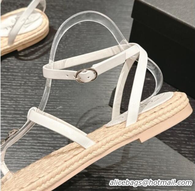 Good Quality Chanel Calfskin Espadrille Flat Thong Sandals White 603130