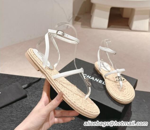 Good Quality Chanel Calfskin Espadrille Flat Thong Sandals White 603130