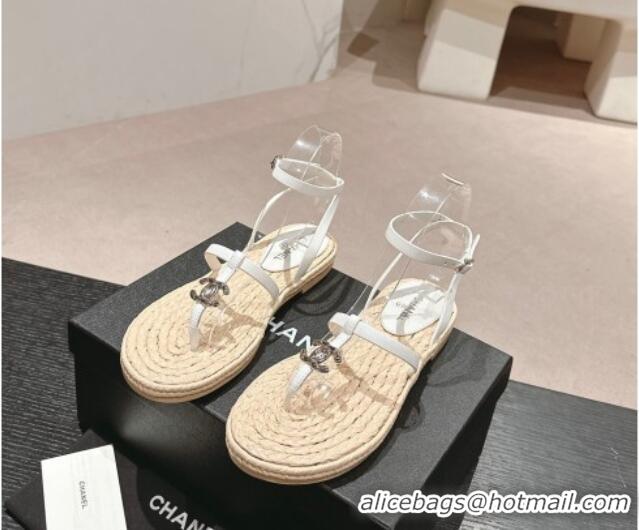 Good Quality Chanel Calfskin Espadrille Flat Thong Sandals White 603130