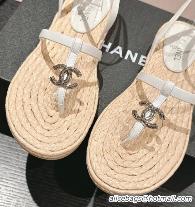 Good Quality Chanel Calfskin Espadrille Flat Thong Sandals White 603130