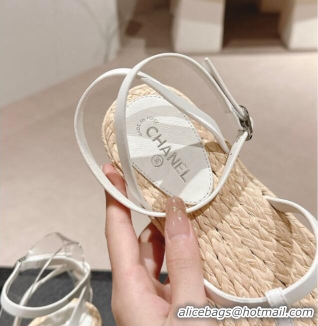 Good Quality Chanel Calfskin Espadrille Flat Thong Sandals White 603130