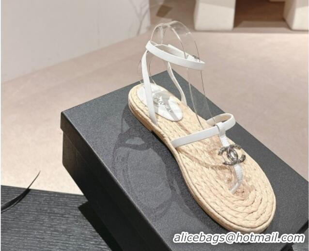 Good Quality Chanel Calfskin Espadrille Flat Thong Sandals White 603130