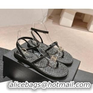 Hot Style Chanel Calfskin Espadrille Flat Thong Sandals Black 603131