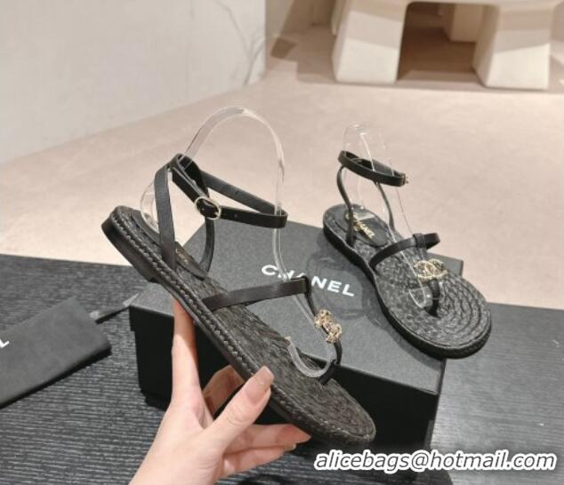 Hot Style Chanel Calfskin Espadrille Flat Thong Sandals Black 603131