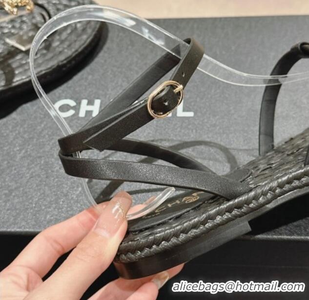 Hot Style Chanel Calfskin Espadrille Flat Thong Sandals Black 603131