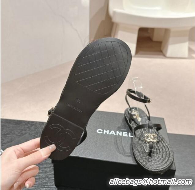 Hot Style Chanel Calfskin Espadrille Flat Thong Sandals Black 603131