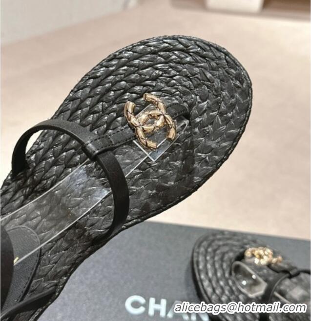 Hot Style Chanel Calfskin Espadrille Flat Thong Sandals Black 603131