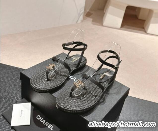 Hot Style Chanel Calfskin Espadrille Flat Thong Sandals Black 603131