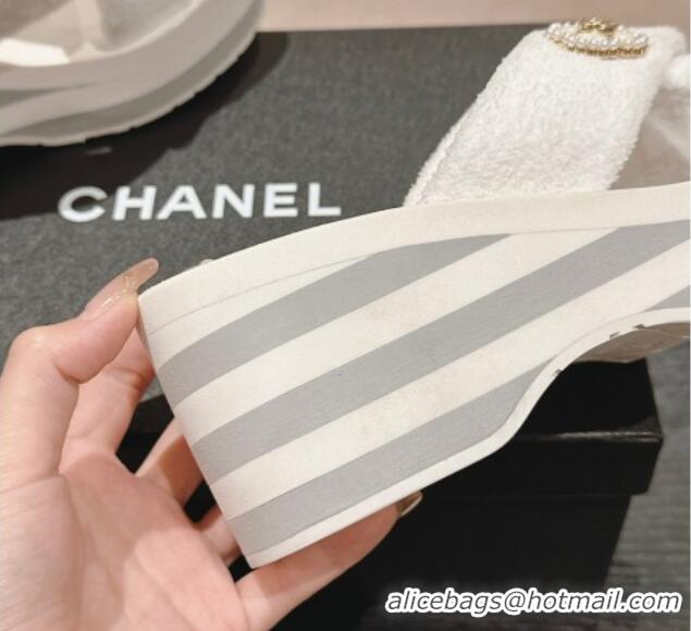 Unique Style Chanel Towl Wedge Slides Sandals 7cm White 603132