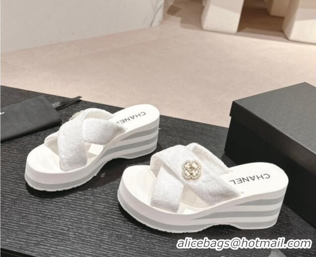 Unique Style Chanel Towl Wedge Slides Sandals 7cm White 603132