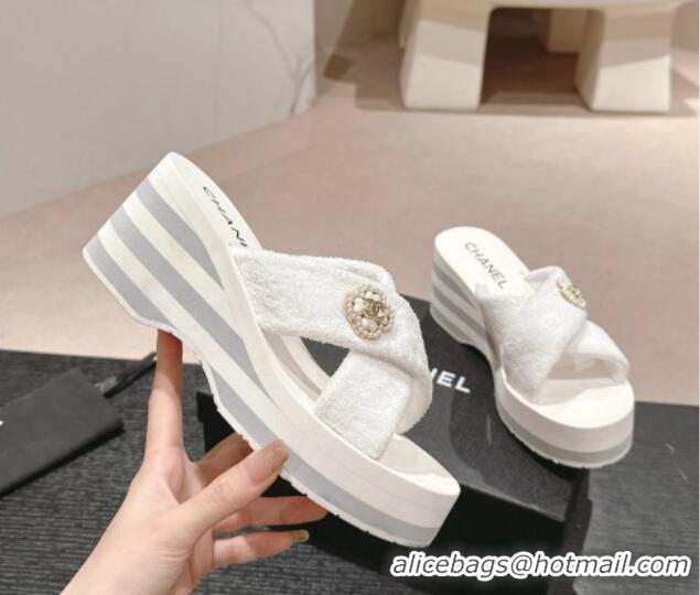 Unique Style Chanel Towl Wedge Slides Sandals 7cm White 603132