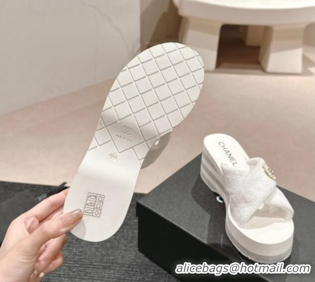 Unique Style Chanel Towl Wedge Slides Sandals 7cm White 603132