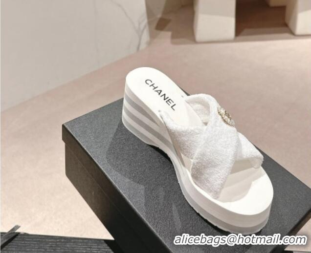 Unique Style Chanel Towl Wedge Slides Sandals 7cm White 603132