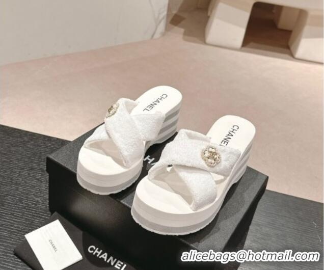 Unique Style Chanel Towl Wedge Slides Sandals 7cm White 603132