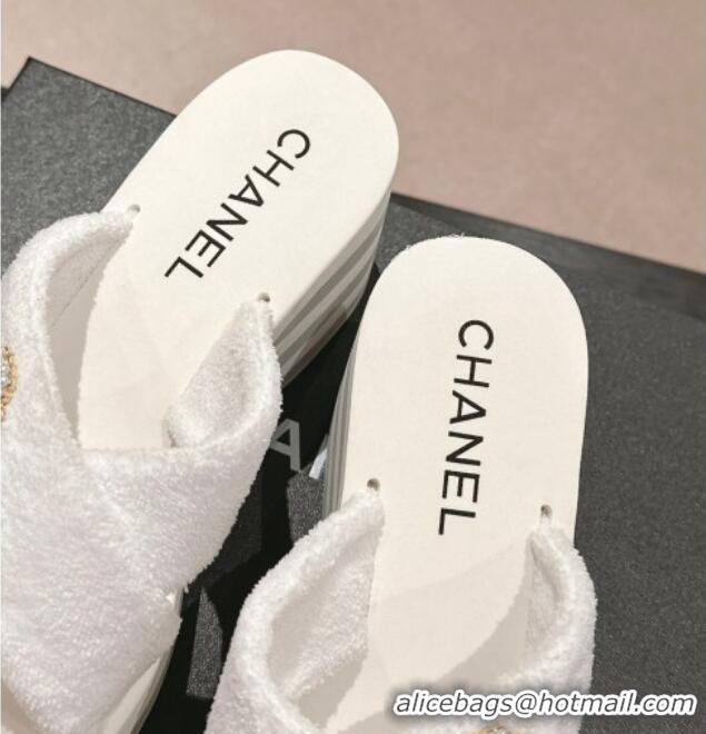 Unique Style Chanel Towl Wedge Slides Sandals 7cm White 603132