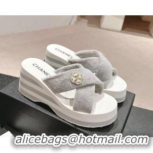 Purchase Chanel Towl Wedge Slides Sandals 7cm Grey 603133