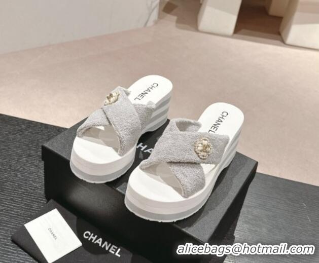 Purchase Chanel Towl Wedge Slides Sandals 7cm Grey 603133