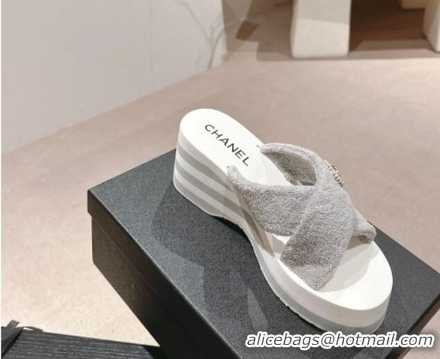 Purchase Chanel Towl Wedge Slides Sandals 7cm Grey 603133