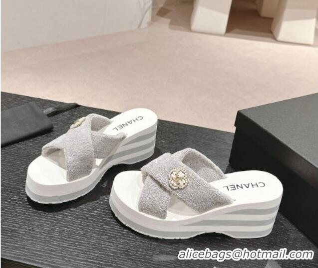 Purchase Chanel Towl Wedge Slides Sandals 7cm Grey 603133