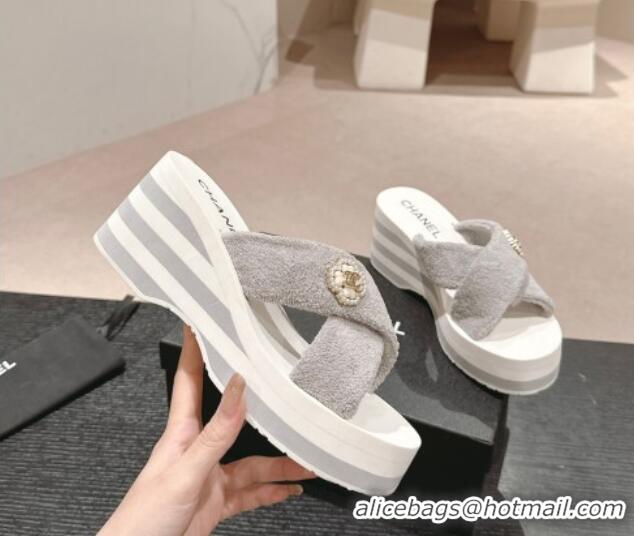 Purchase Chanel Towl Wedge Slides Sandals 7cm Grey 603133