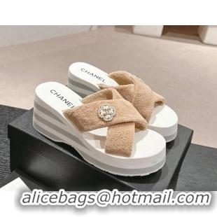 Good Looking Chanel Towl Wedge Slides Sandals 7cm Beige 603134