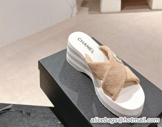 Good Looking Chanel Towl Wedge Slides Sandals 7cm Beige 603134