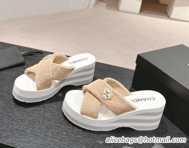 Good Looking Chanel Towl Wedge Slides Sandals 7cm Beige 603134