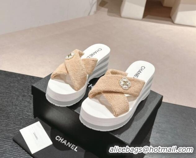 Good Looking Chanel Towl Wedge Slides Sandals 7cm Beige 603134