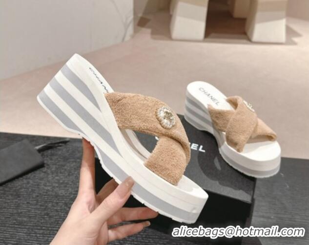 Good Looking Chanel Towl Wedge Slides Sandals 7cm Beige 603134