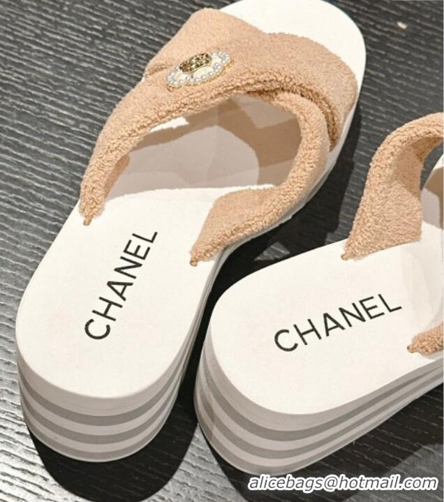 Good Looking Chanel Towl Wedge Slides Sandals 7cm Beige 603134